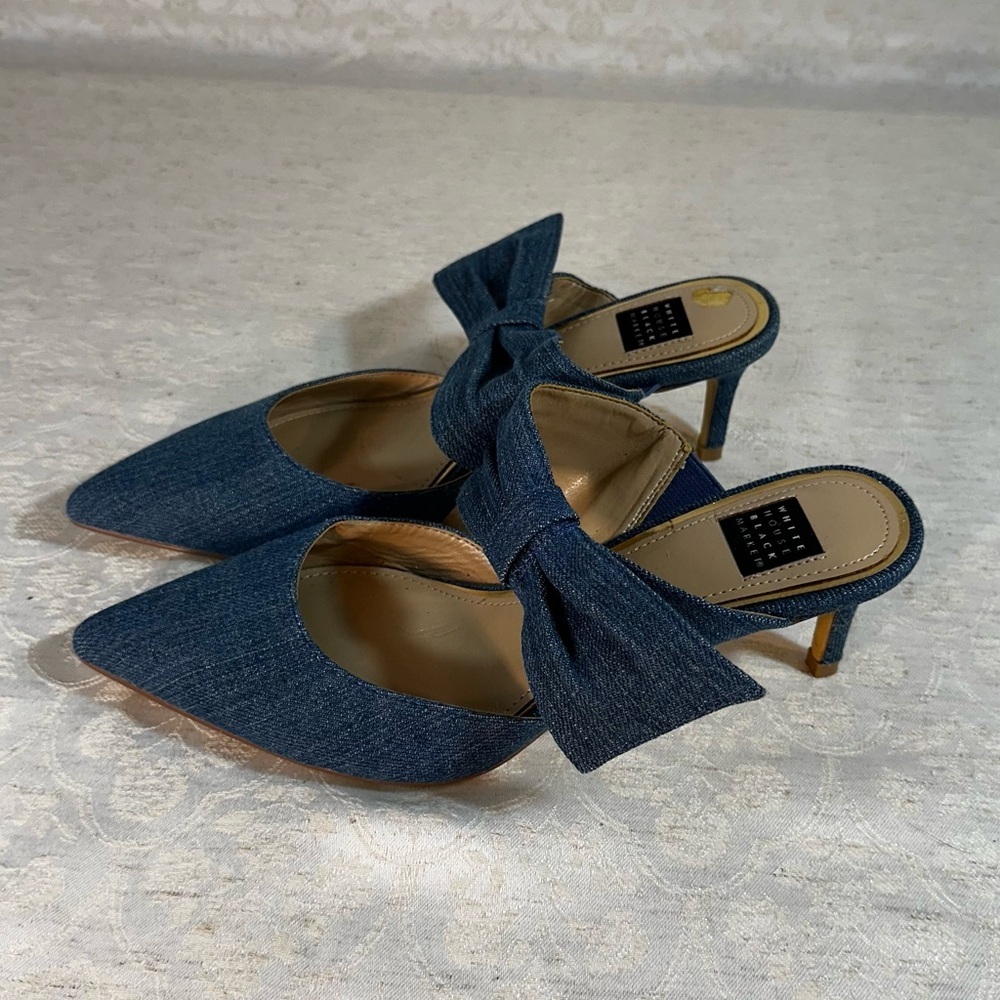 White House Black Market Denim Bow Pointed-Toe Mules – Size 7M - Picture 3 of 6